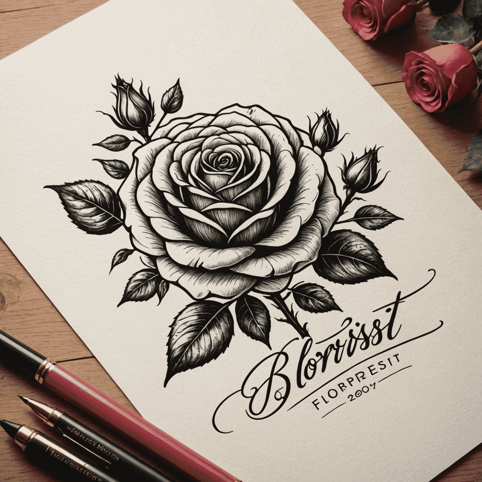 Elegant hand-drawn logo of a rose with 'Florist-IT' text in cursive