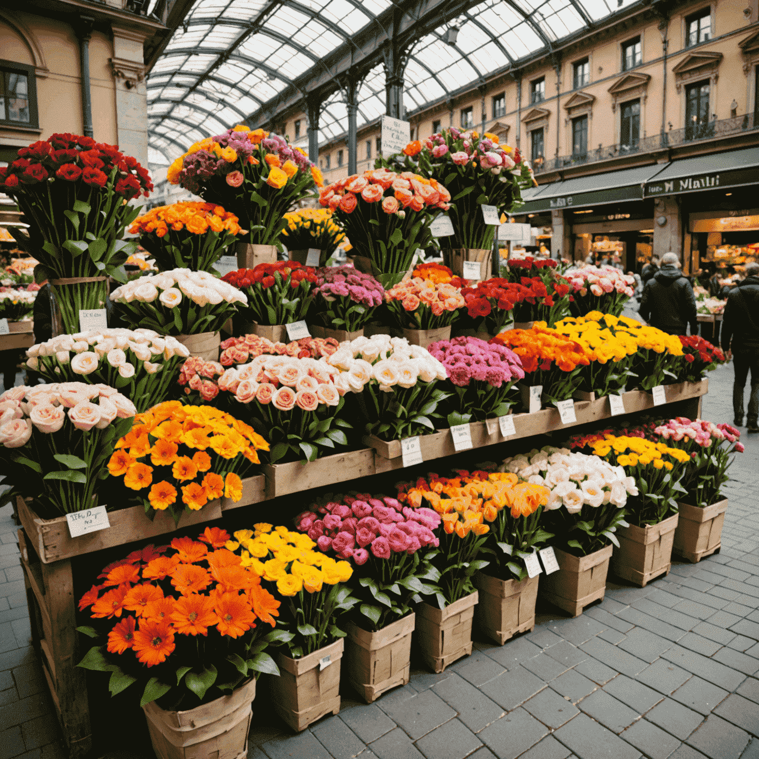 A vibrant display of colorful flowers at Milan's bustling flower market, showcasing a mix of seasonal blooms and exotic varieties