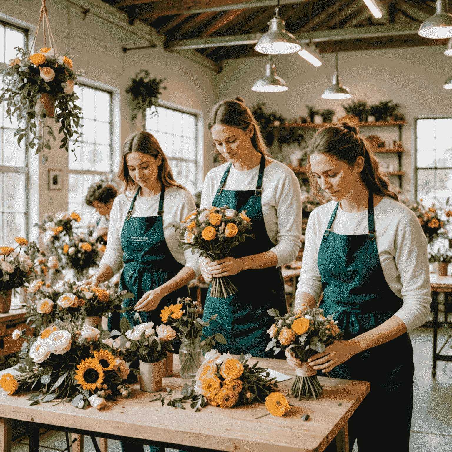 A group of people arranging flowers in a bright, airy workshop space filled with various blooms and greenery. Participants are creating stunning bouquets under the guidance of a professional florist.