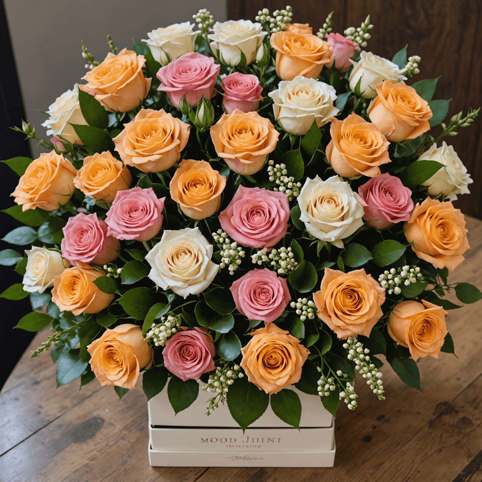 A stunning array of colorful flower bouquets and elegant rose boxes, showcasing the variety of floral services offered by our Milan-based florist