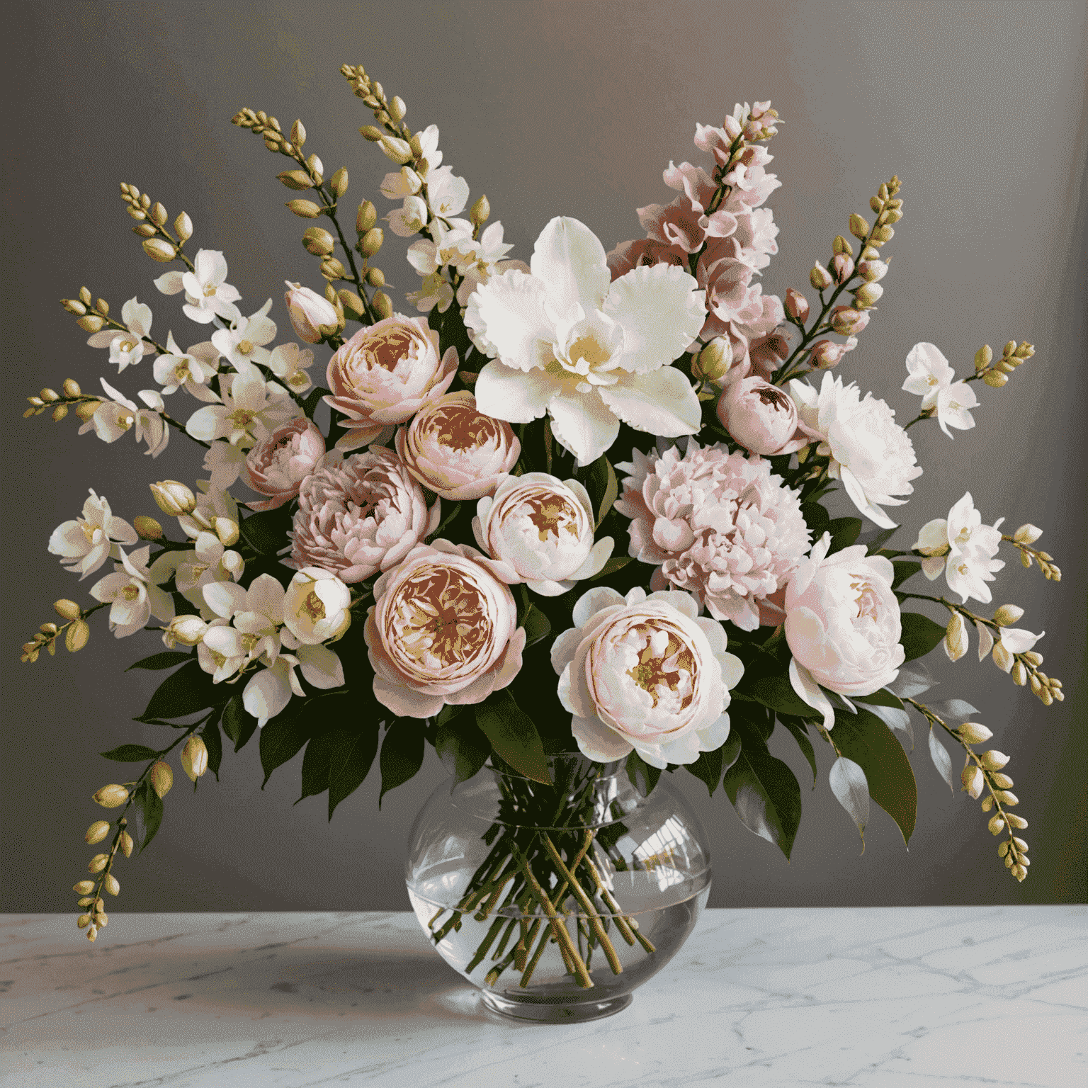 A stunning custom floral arrangement featuring a mix of roses, peonies, and orchids in pastel colors, artfully arranged in an elegant vase