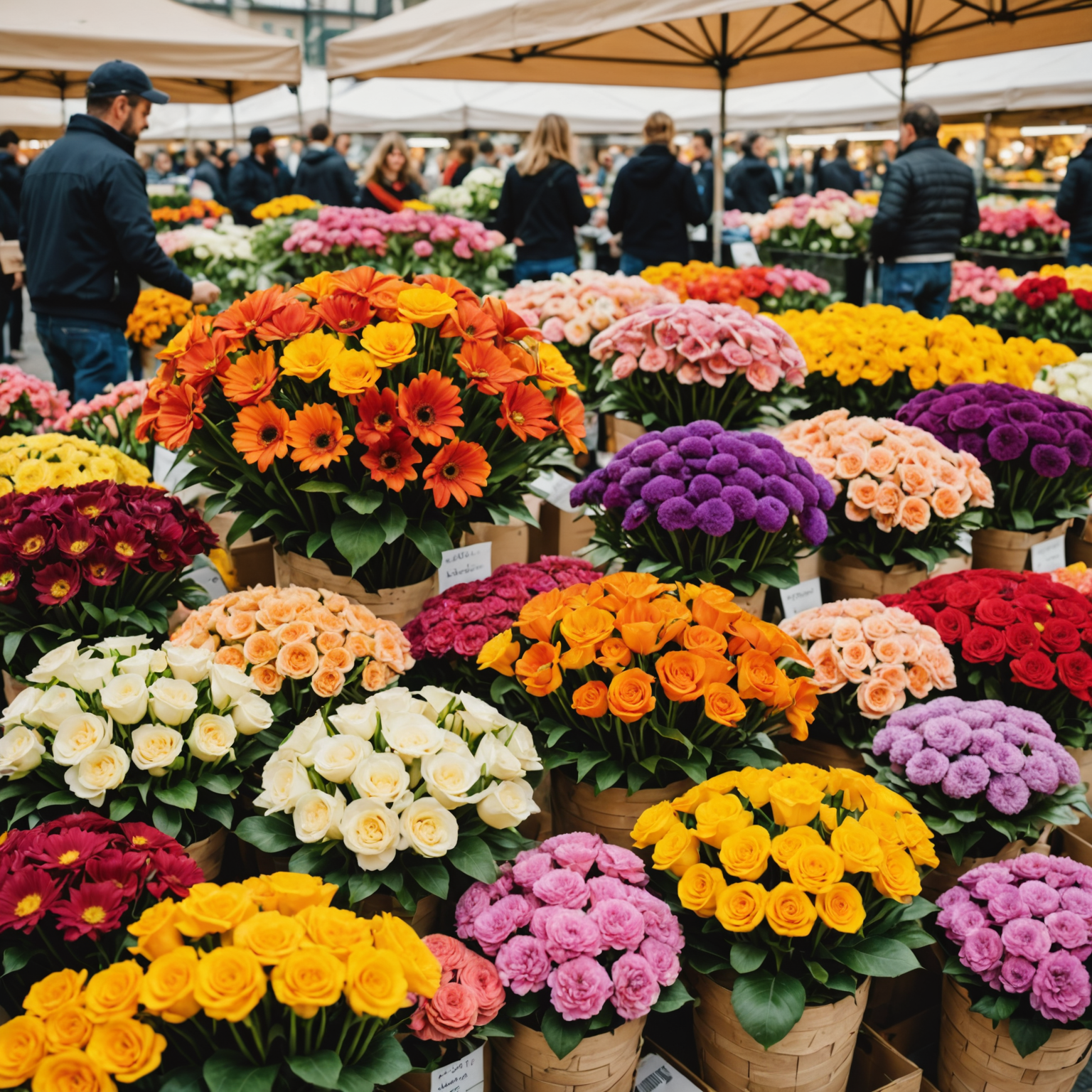 Colorful array of flowers at Milan's bustling flower market, showcasing vibrant seasonal blooms and exotic varieties