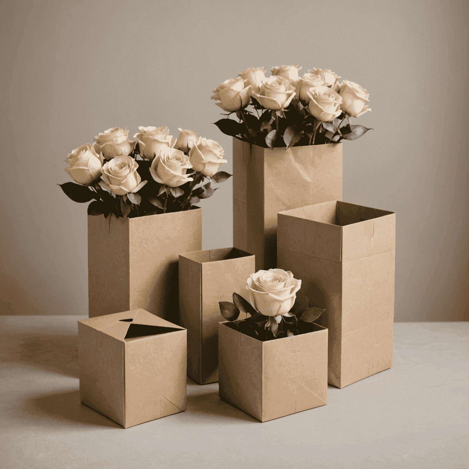 A collection of our eco-friendly packaging materials, including biodegradable wraps, recycled paper Roses Boxes, and sustainable vases