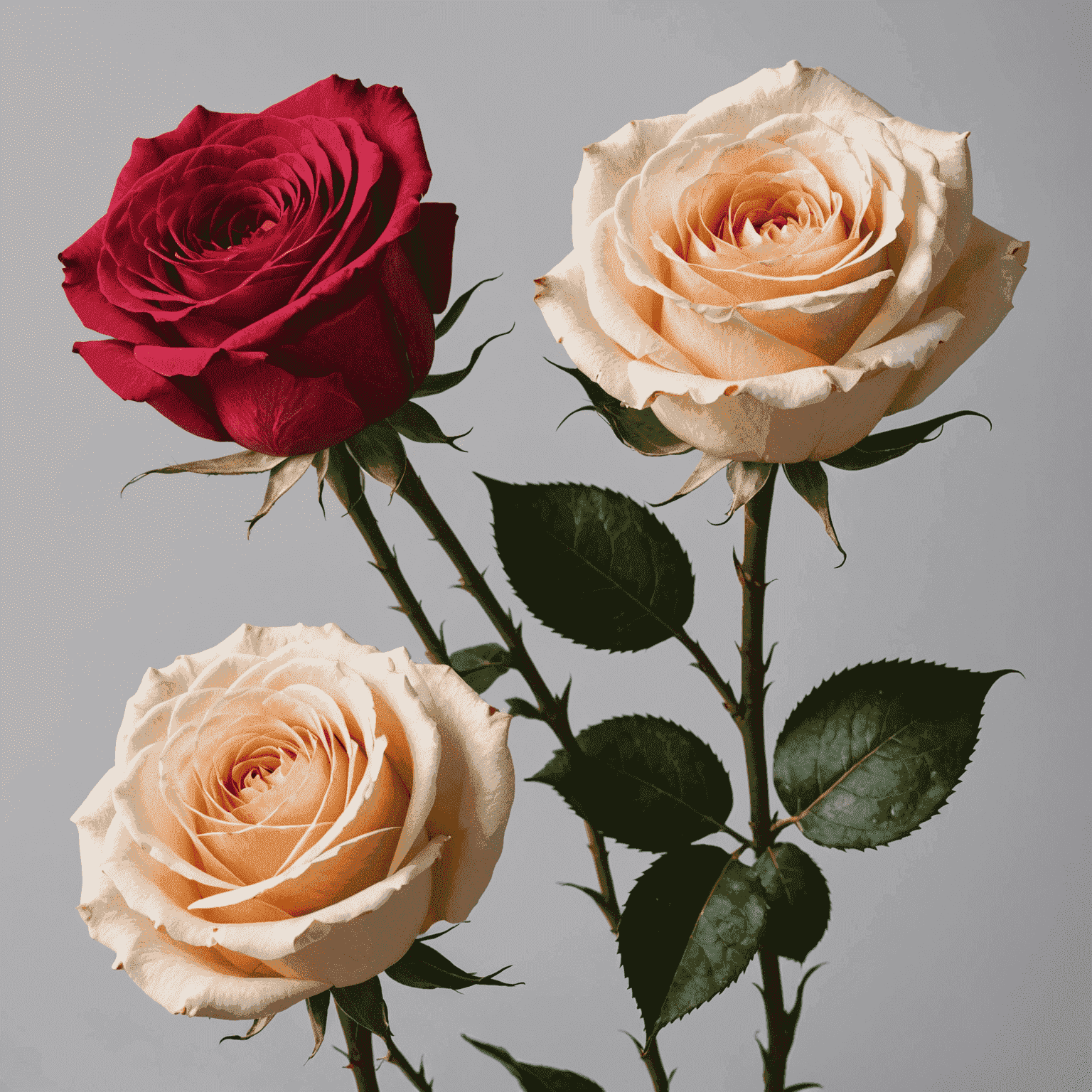 A side-by-side comparison of a fresh rose and a preserved rose, showing the identical appearance