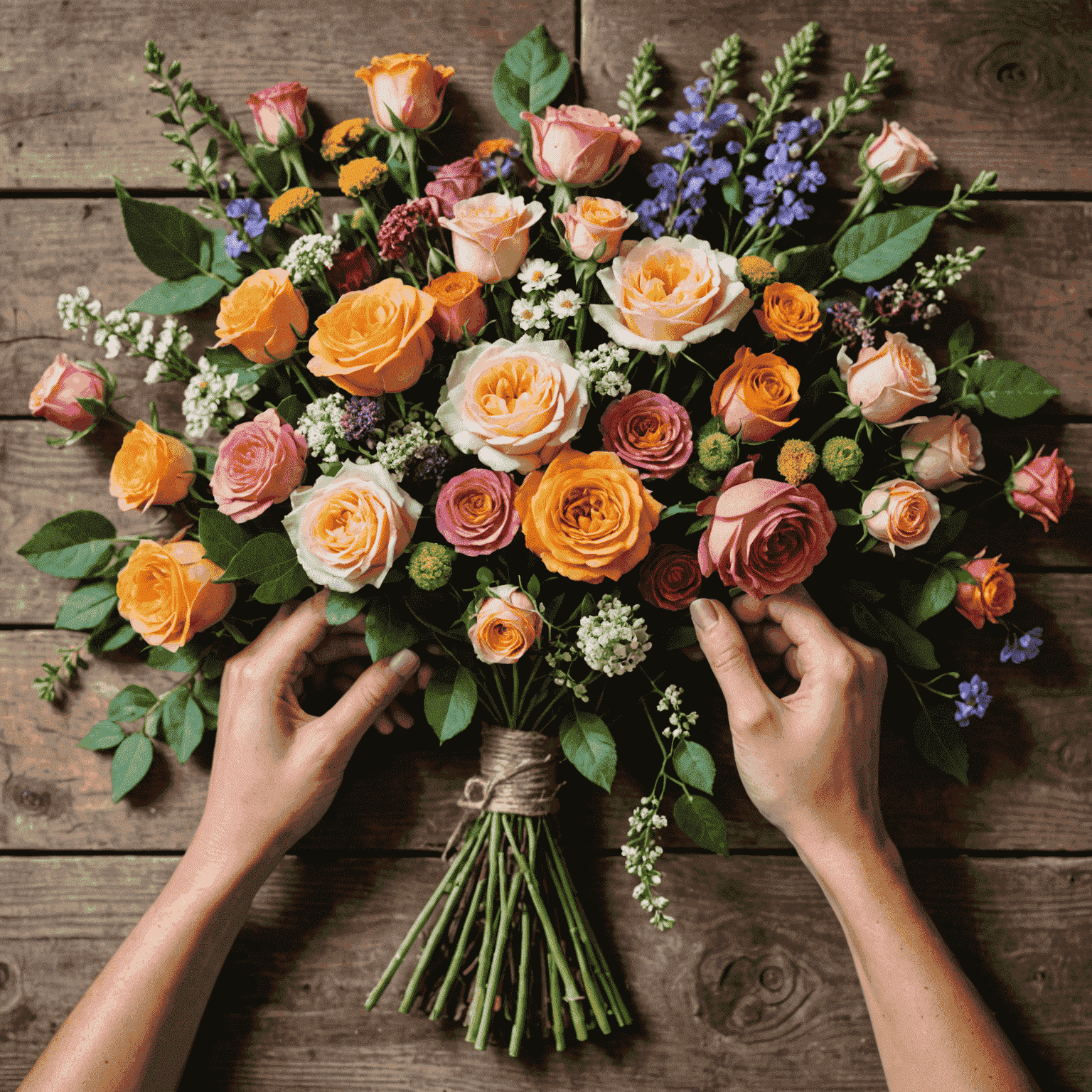 A close-up of hands arranging a stunning flower bouquet with a mix of roses, wildflowers, and greenery on a rustic wooden table. The image showcases the intricate details and vibrant colors of the flowers.