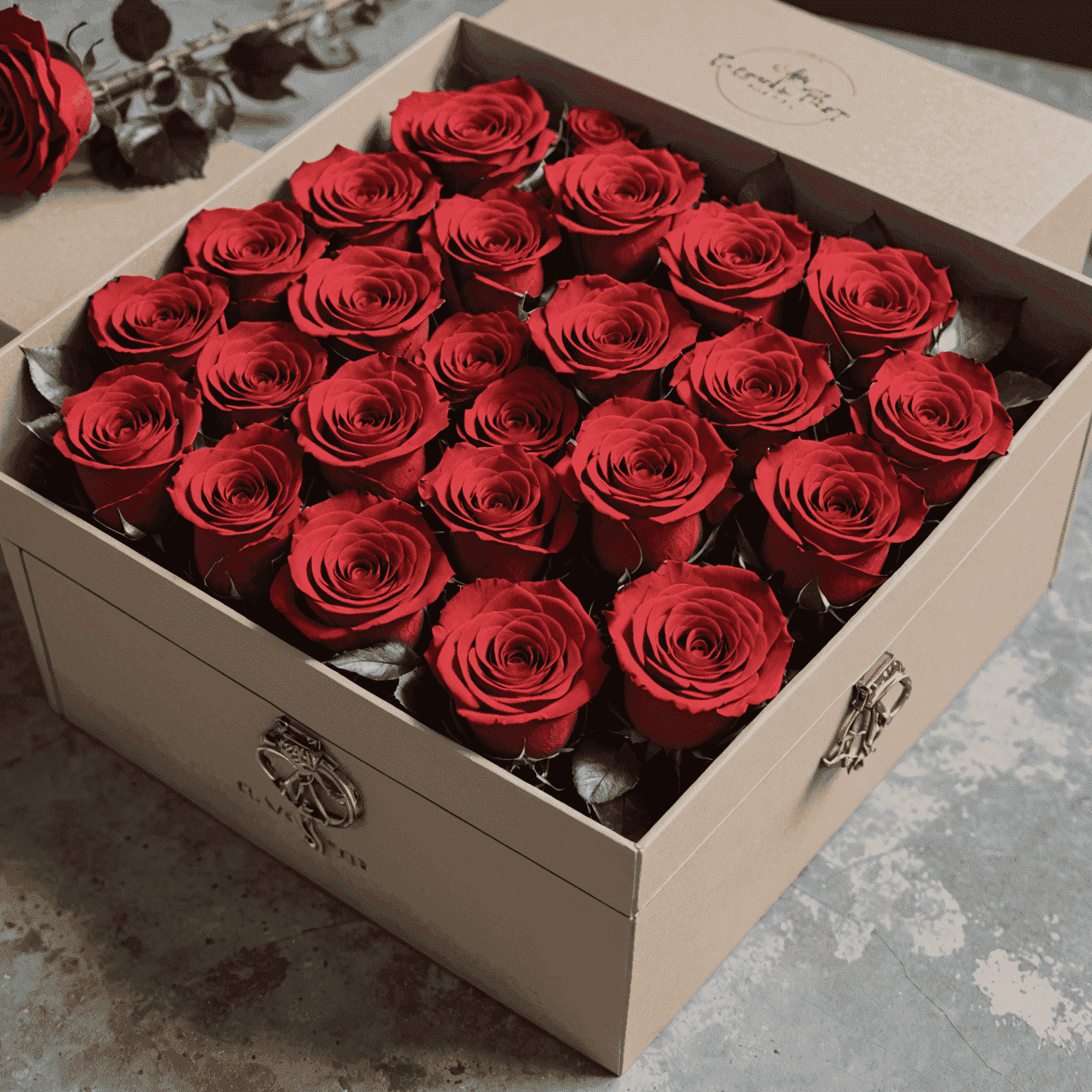 A luxurious box filled with perfectly preserved red roses, symbolizing eternal love and elegance