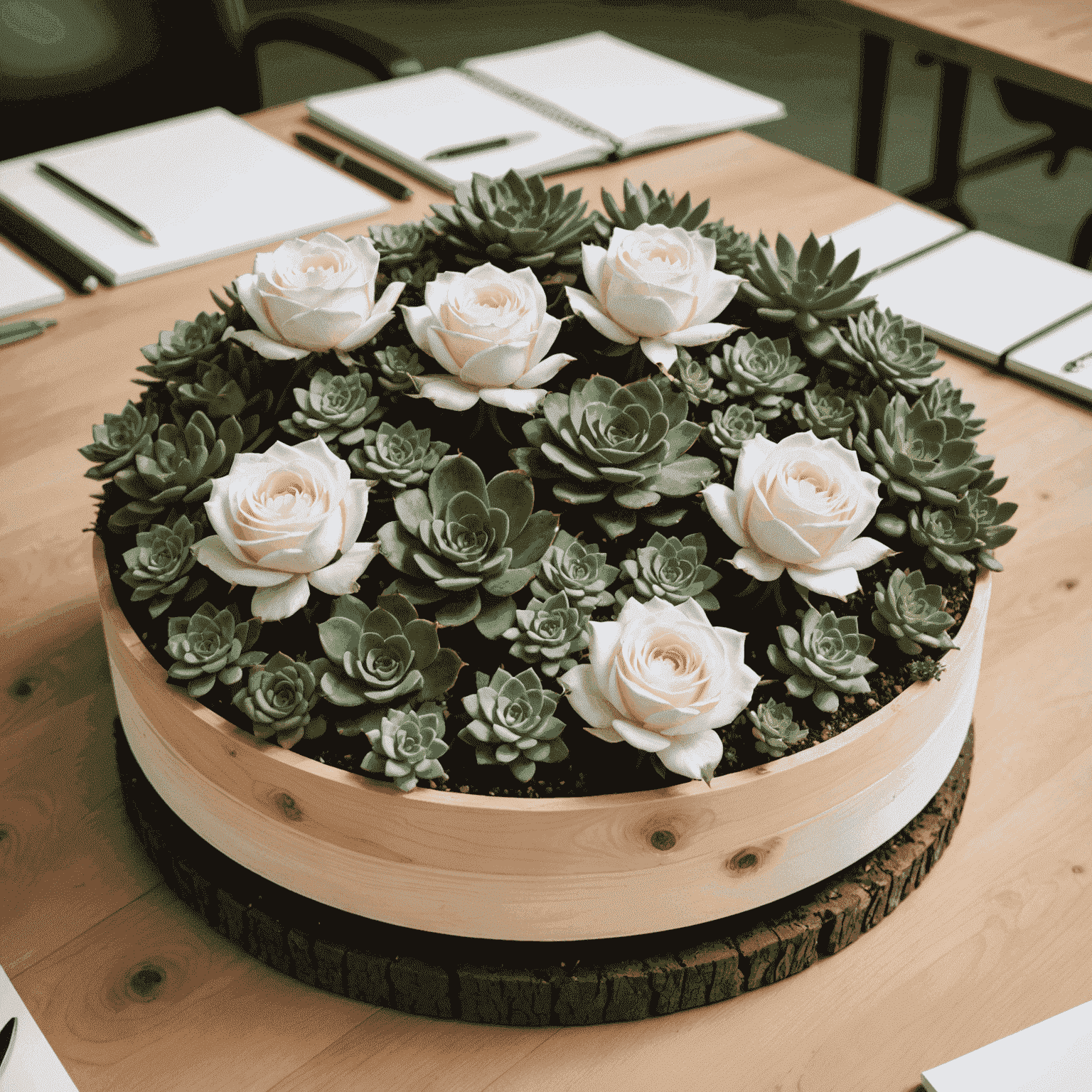 Minimalist conference room centerpiece featuring a low arrangement of white roses and succulents