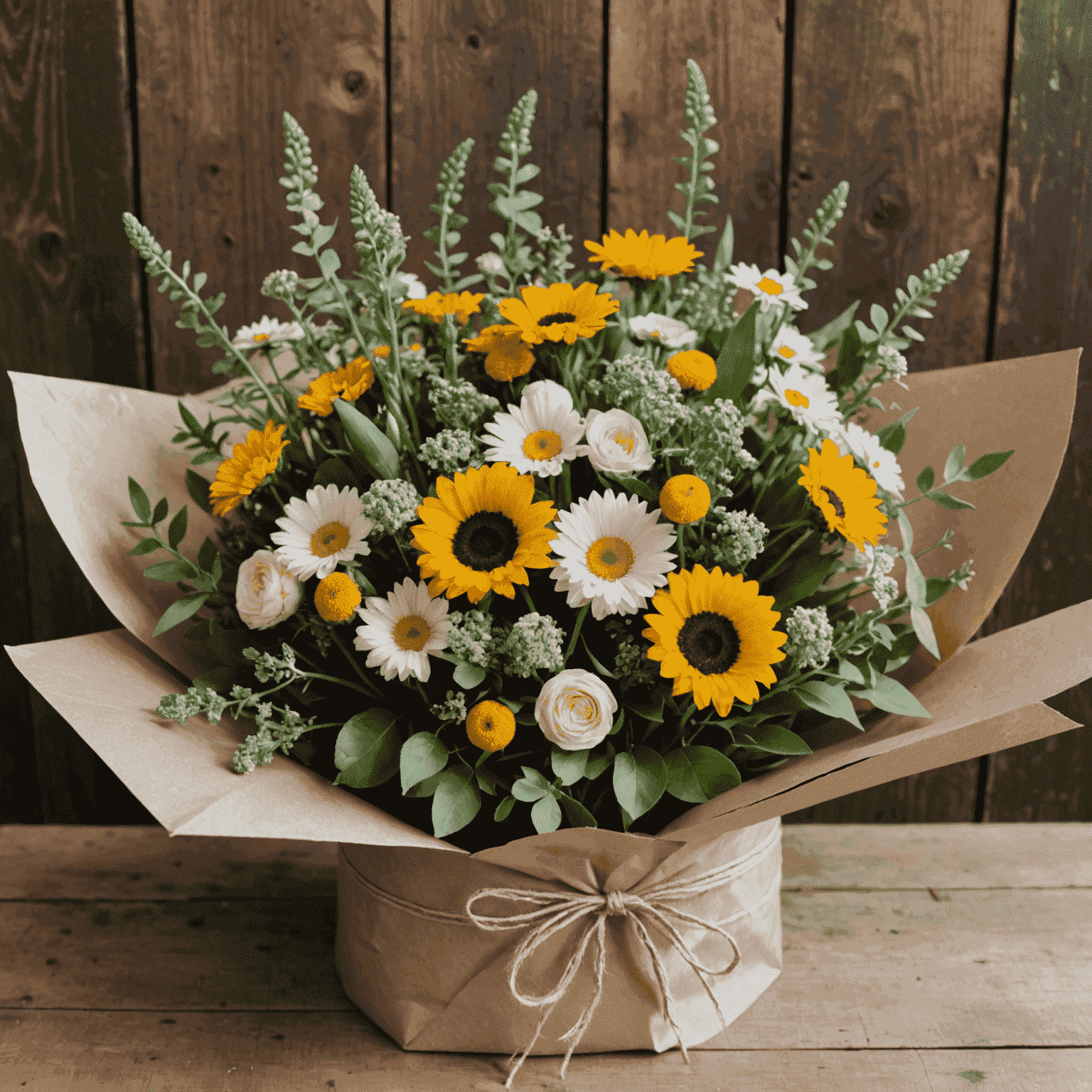A display of sustainably grown and packaged flowers, featuring locally sourced blooms and eco-friendly wrapping materials