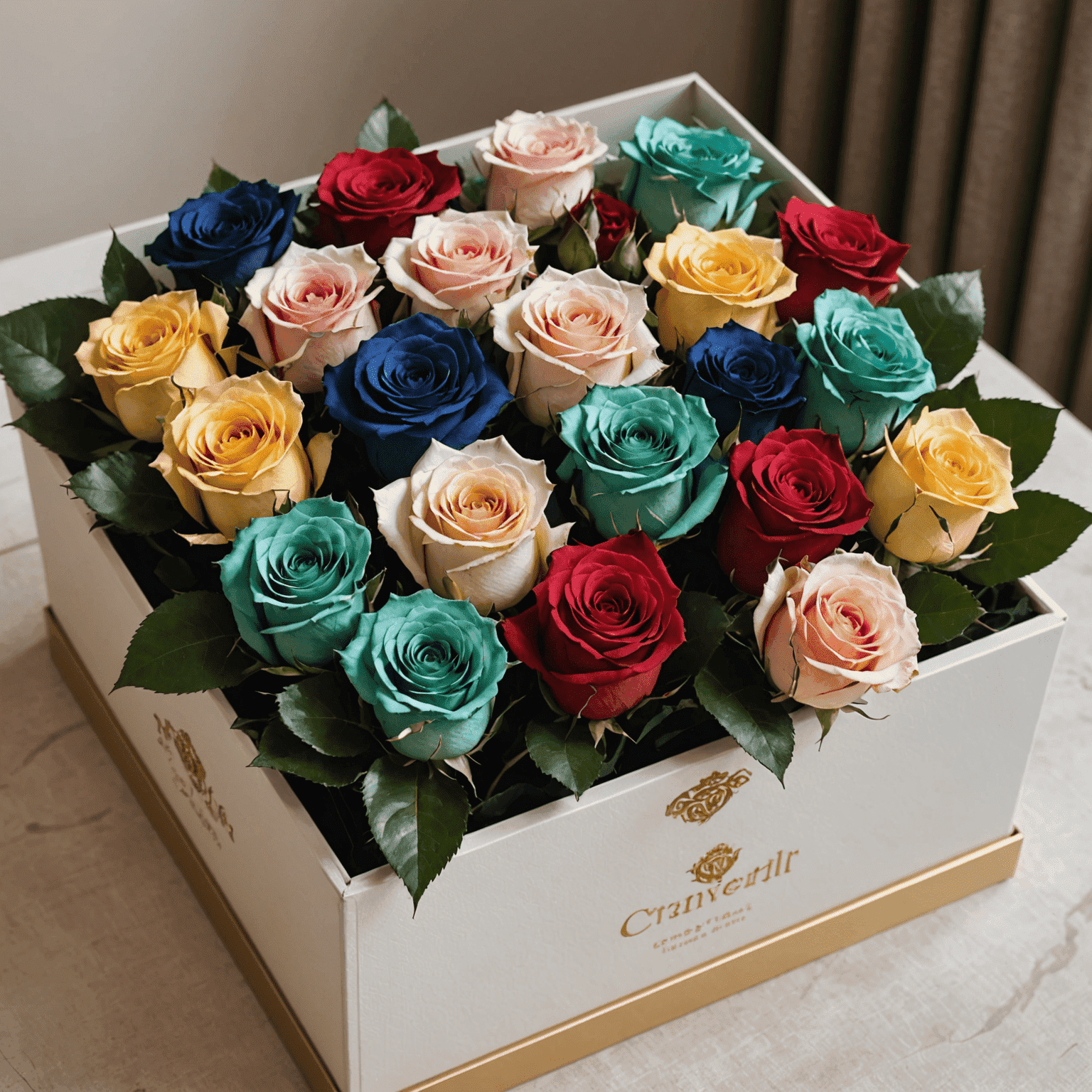 An elegant arrangement of preserved roses in various colors within a luxurious box