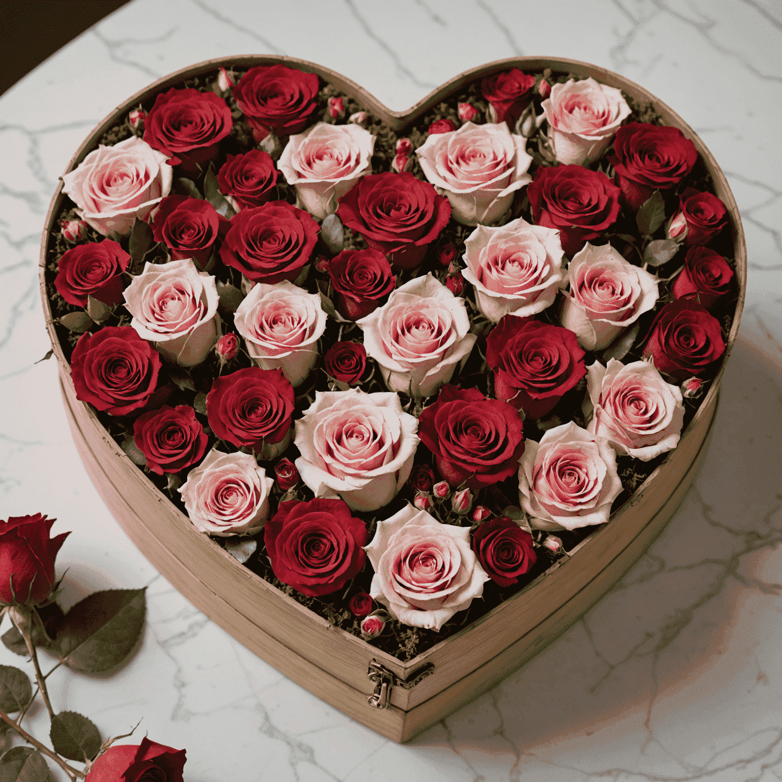 A heart-shaped box filled with preserved pink and red roses
