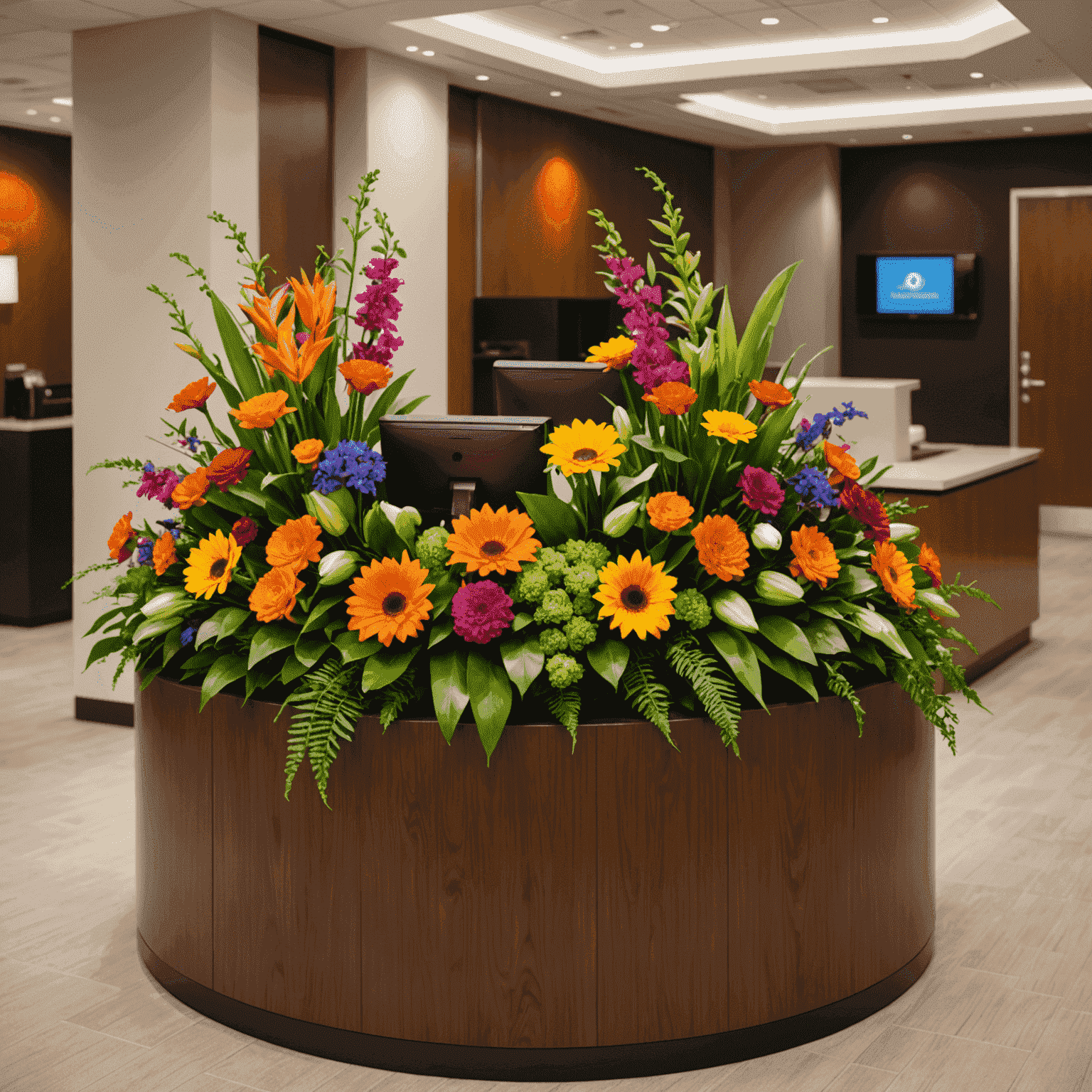 Vibrant reception desk arrangement with a mix of seasonal flowers in corporate brand colors