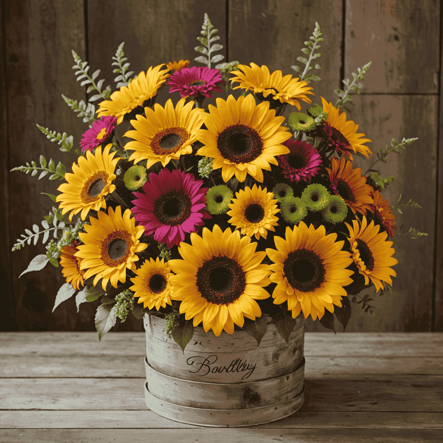 A vibrant and colorful birthday arrangement with sunflowers, gerberas, and chrysanthemums in a festive container