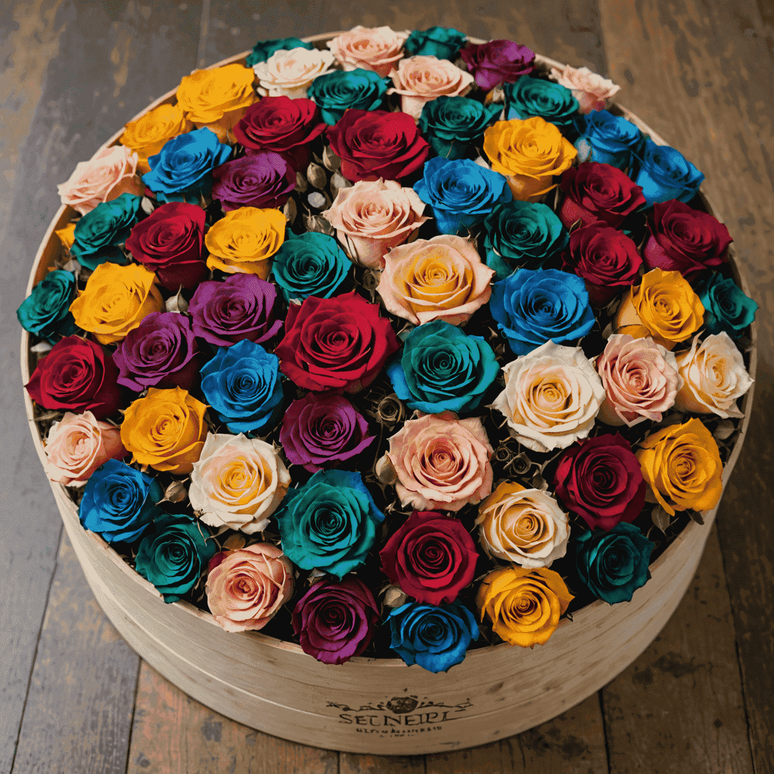 A large round box filled with multicolored preserved roses
