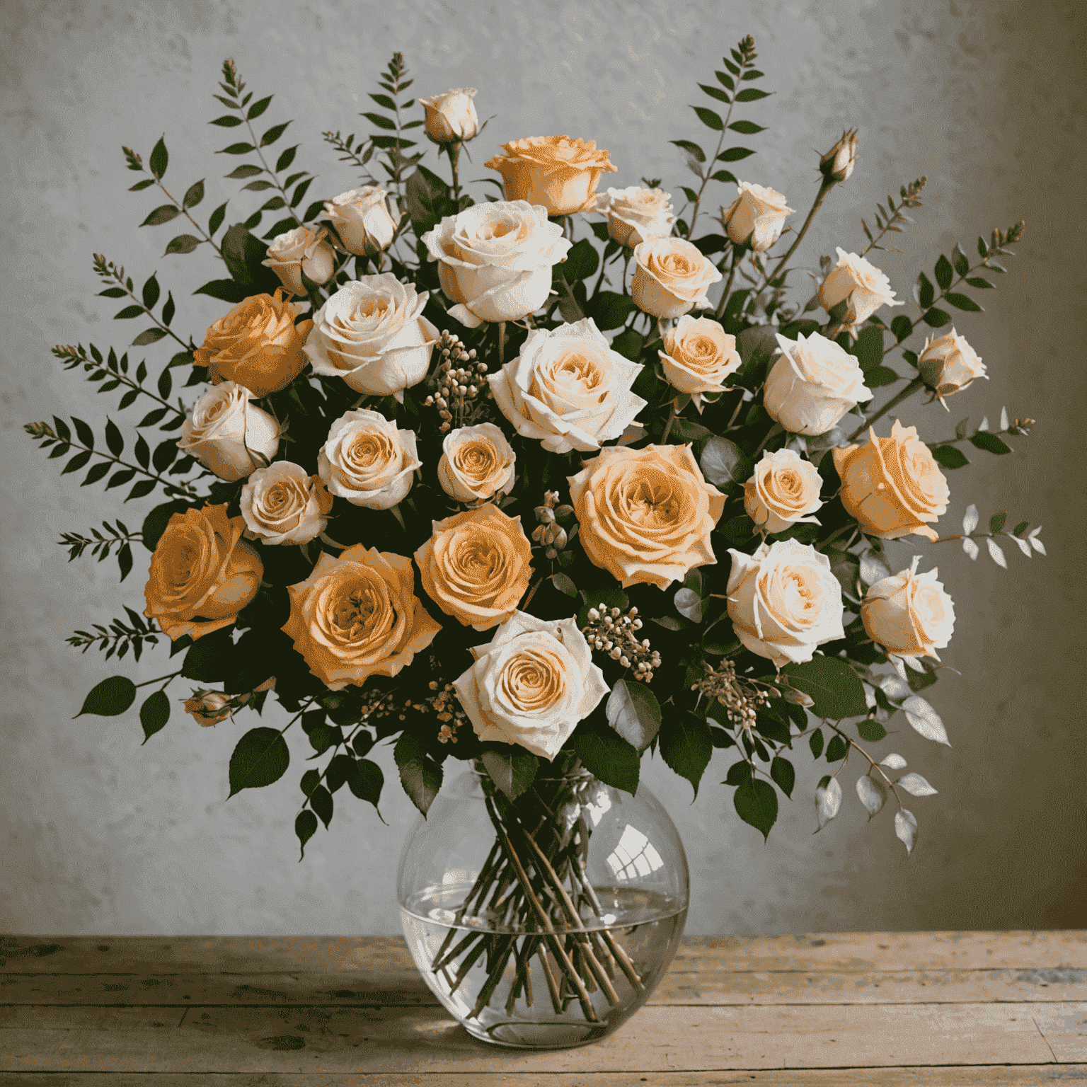 A grand monthly flower bouquet featuring a lush mix of seasonal flowers and preserved roses in a elegant vase