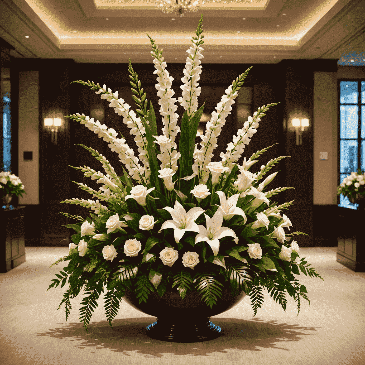 A montage of corporate floral arrangements, featuring elegant lobby displays, boardroom centerpieces, and event decorations in professional settings